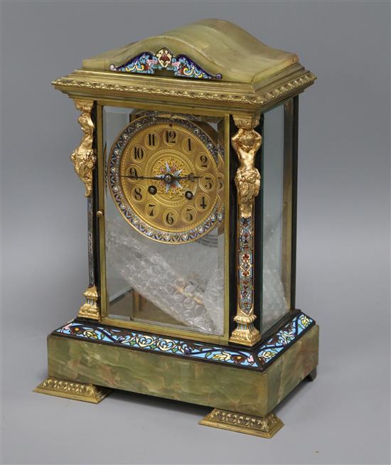 A French onyx and enamel champleve four glass mantel clock H.34cm